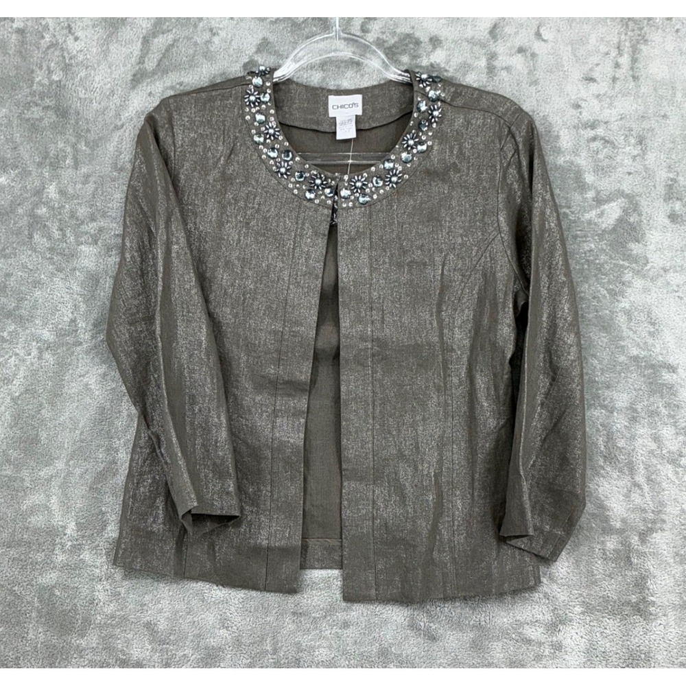 Chicos Jacket Women 0 US Small Brown Metallic Linen Beaded Embellished Open‎ New